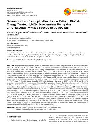Determination of Isotopic Abundance Ratio of Biofield Energy Treated 1,4-Dichlorobenzene Using Gas Chromatography-Mass S