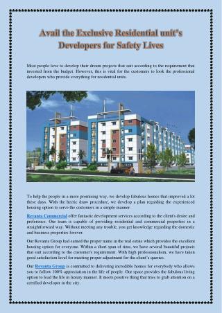 Avail the Exclusive Residential unit’s Developers for Safety Lives