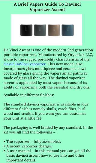 A Brief Vapers Guide To Davinci Vaporizer Ascent