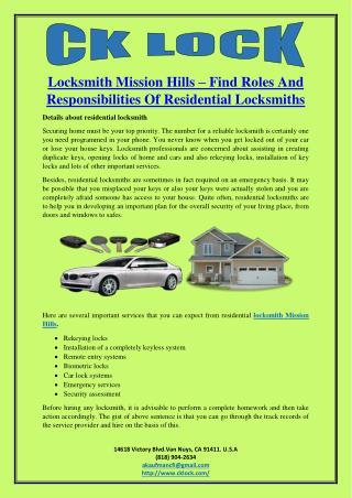 Locksmith Mission Hills – Find Roles And Responsibilities Of Residential Locksmiths