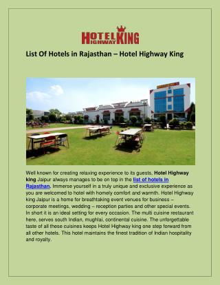 List Of Hotels In Rajasthan - Hotel Highway King