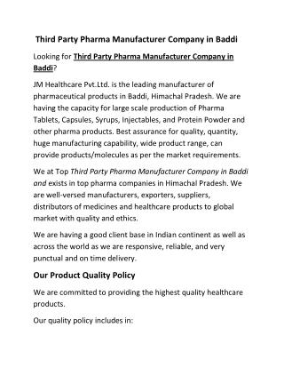 Third Party Pharma Manufacturer Company in Baddi