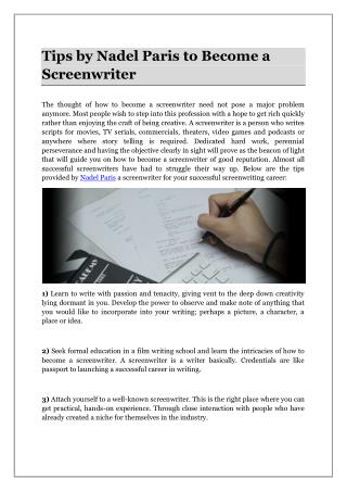 Tips by Nadel Paris to Become a Screenwriter