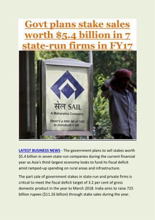 Govt plans stake sales worth $5.4 billion in 7 state-run firms in FY17