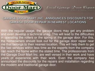 Garage Door Mart Inc. Announces Discounts for Garage Door Repair in Nearest Locations