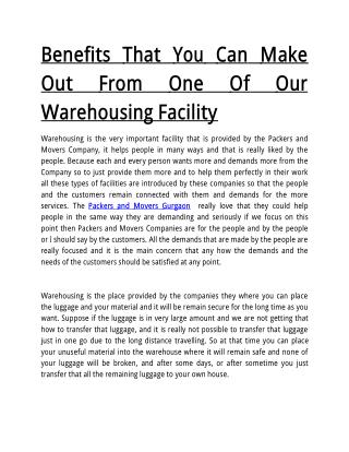 Benefits That You Can Make Out From One Of Our Warehousing Facility