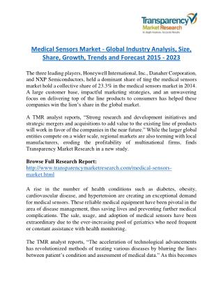Medical Sensors Market Research Report by Geographical Analysis and Forecast to 2023