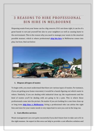 3 Reasons To Hire Professional Bin Hire In Melbourne