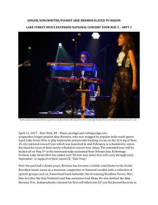 Singer/Songwriter/Pianist Akie Bermiss Slated to Rejoin Lake Street Dive’s Extended National Concert Tour May 5 – Sept 1
