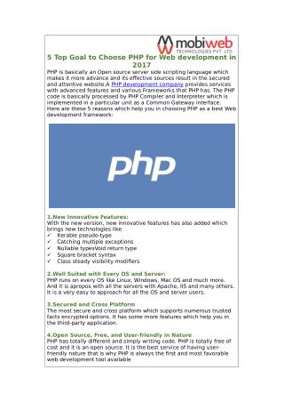5 Top Goal to Choose PHP for Web development in 2017