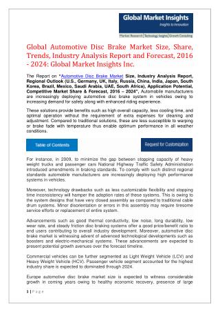 Global Automotive Disc Brake Market by Industry Analysis, Forecasts, 2016 - 2024