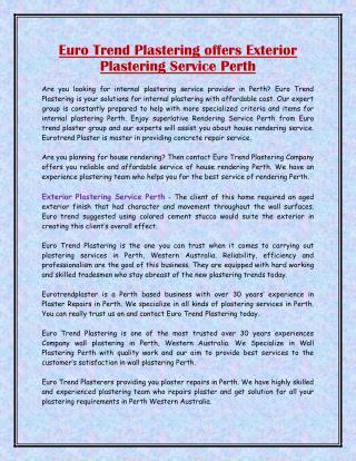 Euro Trend Plastering offers Exterior Plastering Service Perth