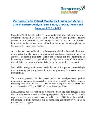Multi-parameter Patient Monitoring Equipment Market is expanding at a CAGR of 4.4% from 2015 - 2023