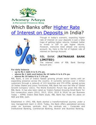 Interest Rate on fixed Deposits in India