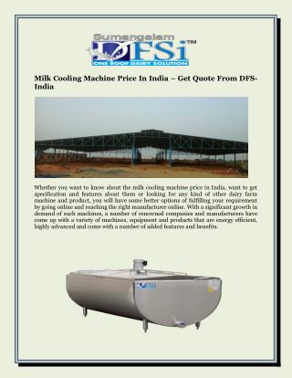 Milk Cooling Machine Price In India – Get Quote From DFS-India