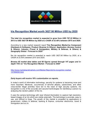 Iris Recognition Market worth 3627.90 Million USD by 2020