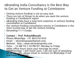 eBranding India Consultancy is the Best Way to Get an Venture Funding at Coimbatore