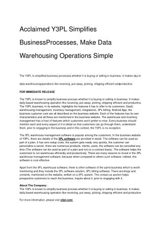 Acclaimed Y3PL Simplifies BusinessProcesses, Make Data Warehousing Operations Simple