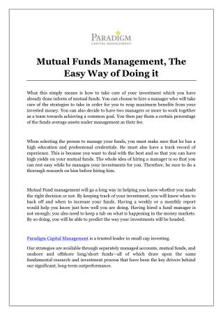 Mutual Funds Management, The Easy Way of Doing it