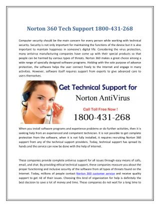 Norton 360 Tech Support 1800-431-268