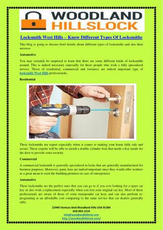 Locksmith West Hills – Know Different Types Of Locksmiths