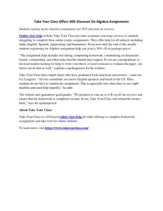 Take Your Class Offers 30% Discount On Algebra Assignments