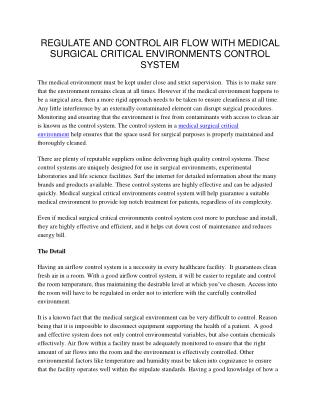 Regulate and Control Air Flow With Medical Surgical Critical Environments Control System