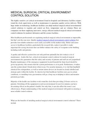 Medical Surgical Critical Environment Control Solution