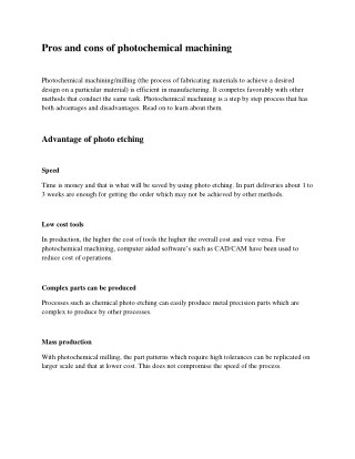 Pros and cons of photochemical machining