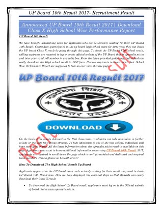 Announced UP Board 10th Result 2017| Download Class X High School Wise Performance Report