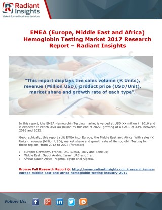 EMEA (Europe, Middle East and Africa) Hemoglobin Testing Market 2017 Research Report – Radiant Insights