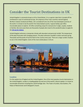 Consider the Tourist Destinations in UK
