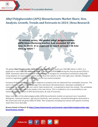 Alkyl Polyglucosides (APG) Biosurfactants Market Worth USD 791 Million by 2024 - Hexa Research