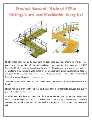 Product Handrail Made of FRP is Distinguished and Worldwide Accepted