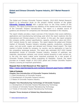 Citronella Terpene Industry for Global and Chinese Markets Forecast to 2022