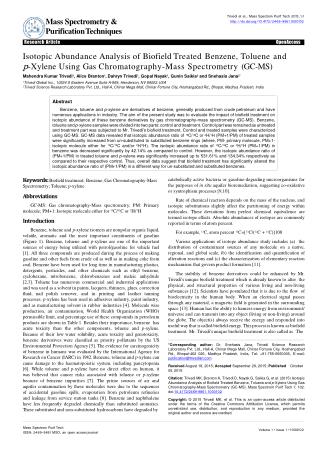 Isotopic Abundance Analysis of Biofield Treated Benzene, Toluene and p-Xylene Using Gas Chromatography-Mass Spectrometry