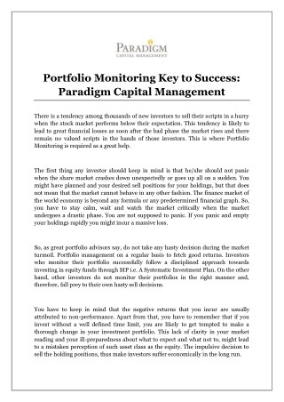 Portfolio Monitoring Key to Success: Paradigm Capital Management