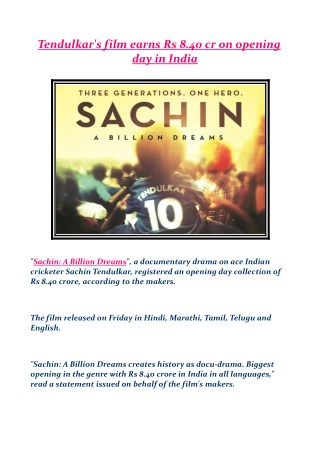 Tendulkar's film earns Rs 8.40 cr on opening day in India