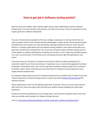 How to get job in Software testing quickly?