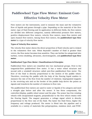 Paddlewheel Liquid Flow Meter : Proteus Industries