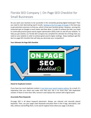 Florida SEO Company | On-Page SEO Checklist for Small Businesses