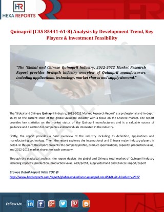 Quinapril (CAS 85441-61-8) Analysis by Development Trend, Key Players & Investment Feasibility