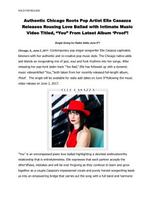 Authentic Chicago Roots Pop Artist Elle Casazza Releases Rousing Love Ballad with Intimate Music Video Titled, “You” Fro