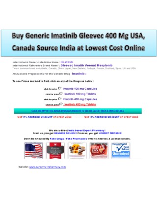 Buy Generic Imatinib Gleevec 400 Mg USA, Canada Source India at Lowest Cost Online
