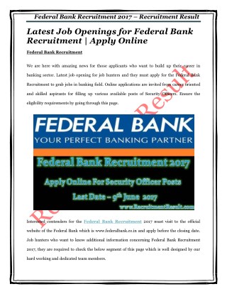 Latest Job Openings for Federal Bank Recruitment | Apply Online