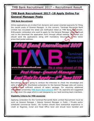 TMB Bank Recruitment 2017–18 Apply Online For General Manager Posts