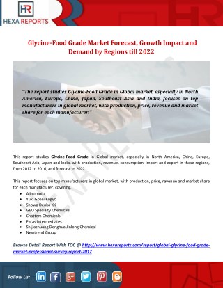 Glycine-Food Grade Market Forecast, Growth Impact and Demand by Regions till 2022