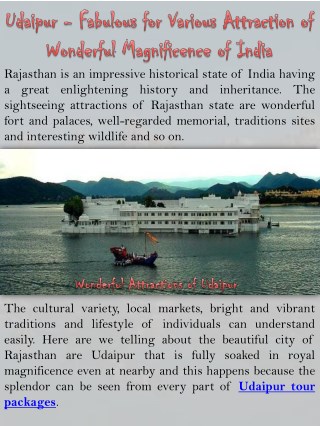 Udaipur - Fabulous for Various Attraction of Wonderful Magnificence of India