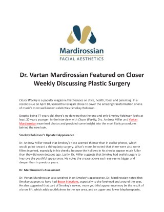 Dr. Vartan Mardirossian Featured on Closer Weekly Discussing Plastic Surgery