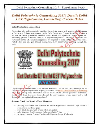 Delhi Polytechnic Counselling 2017| Details Delhi CET Registration, Counseling, Process Dates